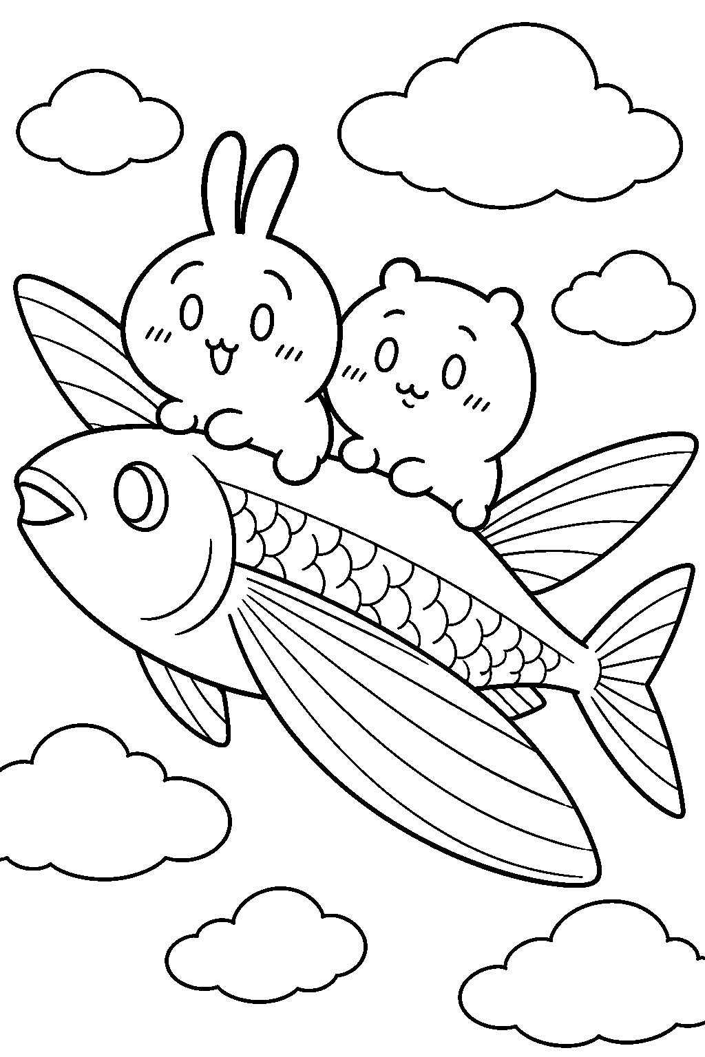 chiikawa usagi riding a giant flying fish with chiikawa line art