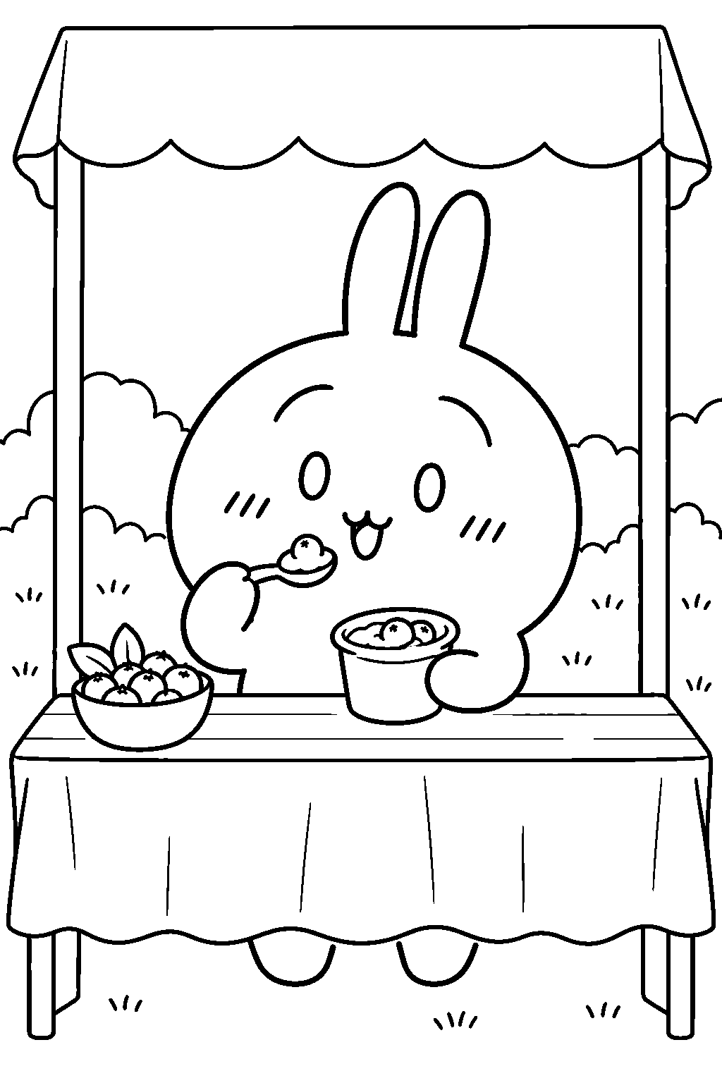 chiikawa usagi sampling berry yogurt at a tasting booth line art