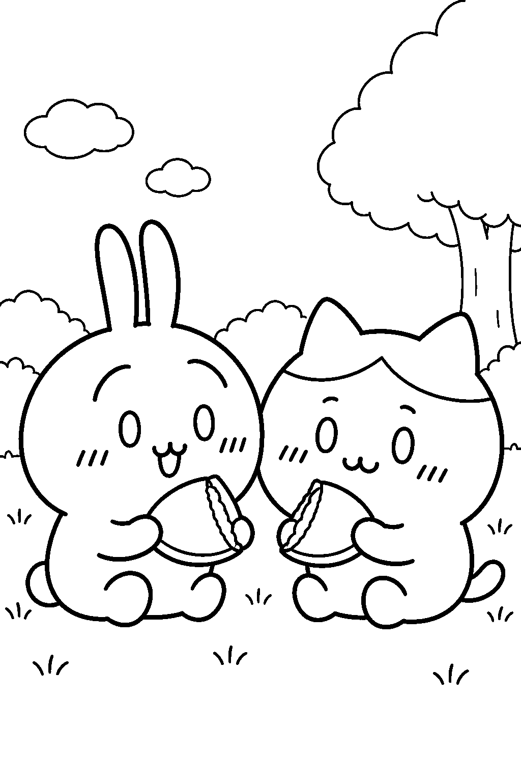 chiikawa usagi sharing dorayaki with hachiware line art