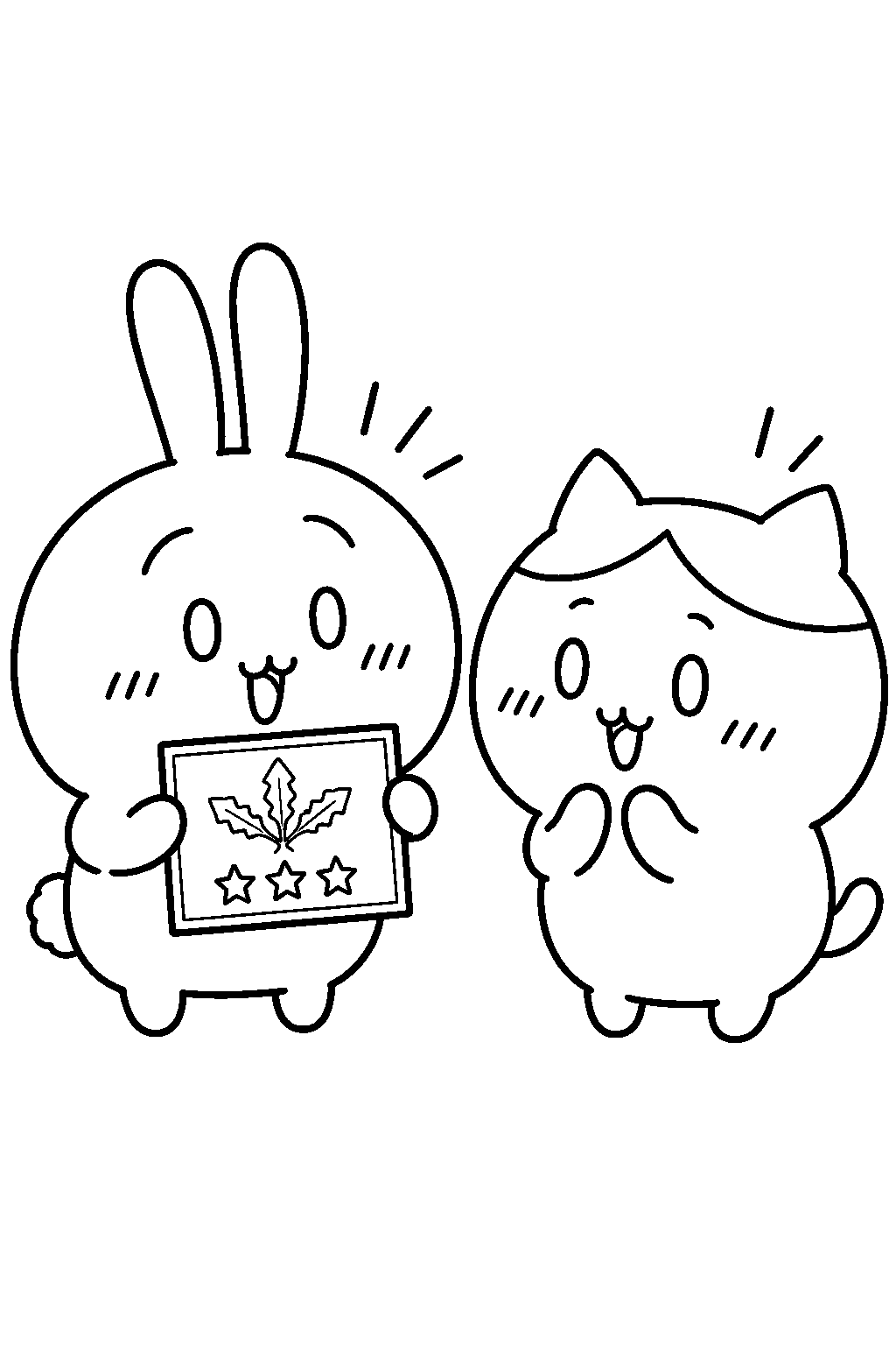 chiikawa usagi showing a level 3 weeding certificate to hachiware line art