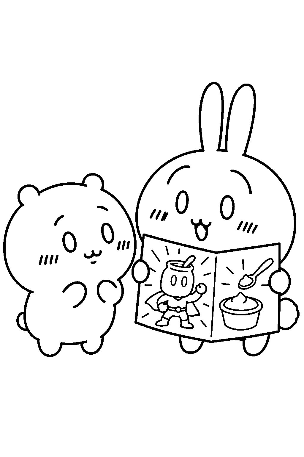 chiikawa usagi showing a muchau man event flyer to chiikawa line art
