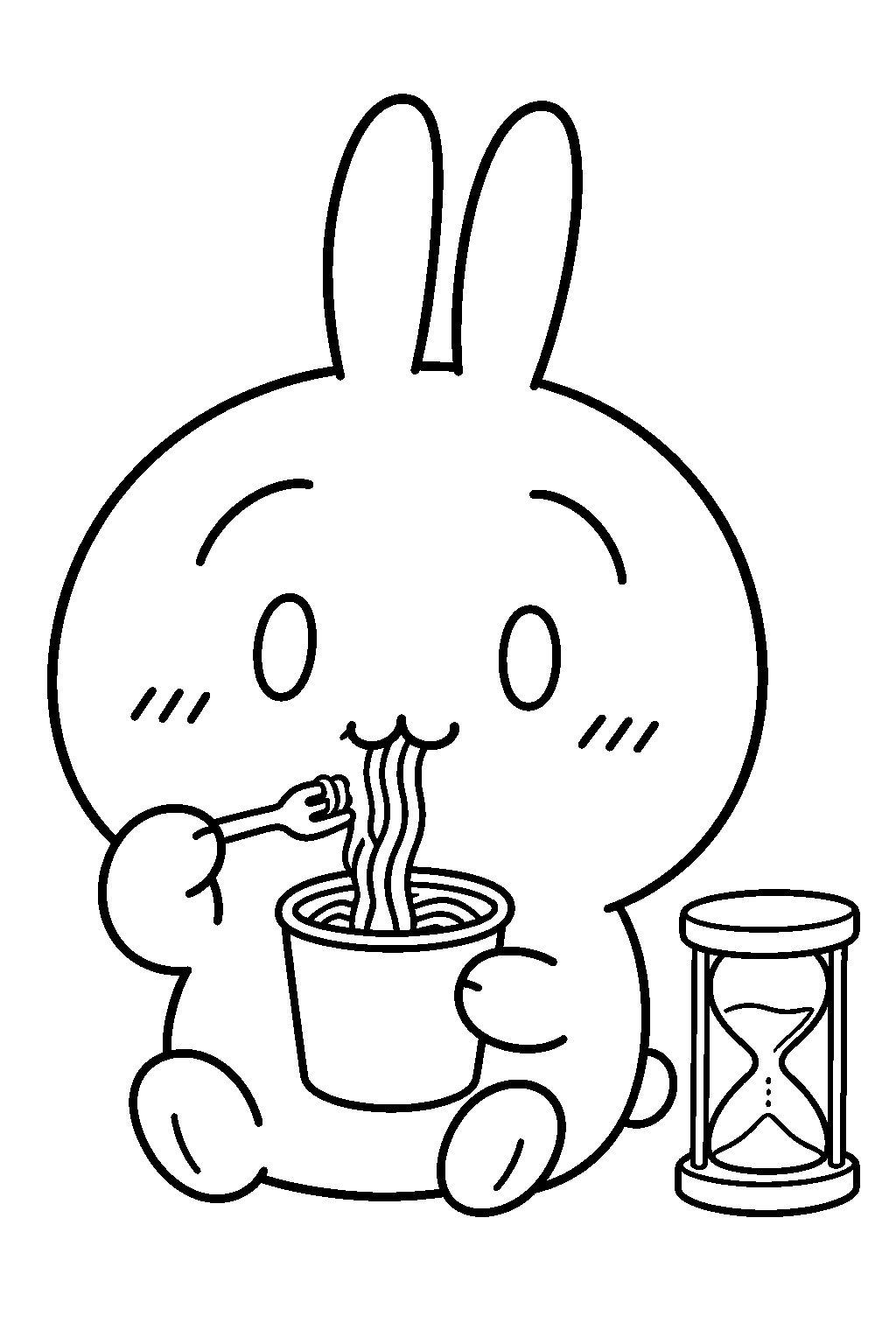 chiikawa usagi slurping cup noodles beside a three minute hourglass line art