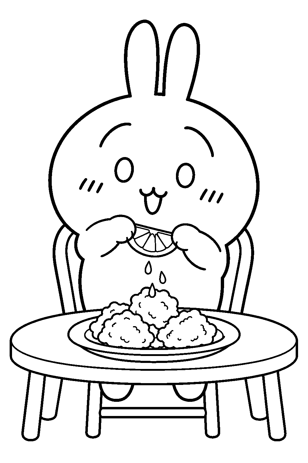 chiikawa usagi squeezing lemon over fried chicken line art