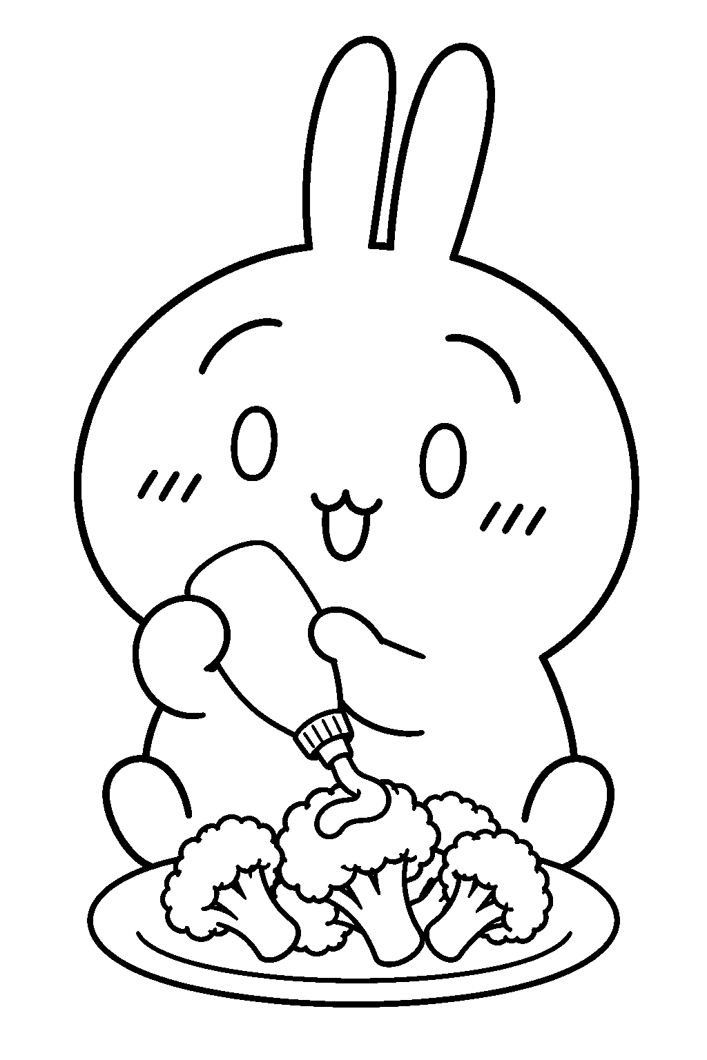 chiikawa usagi squeezing mayonnaise onto broccoli line art