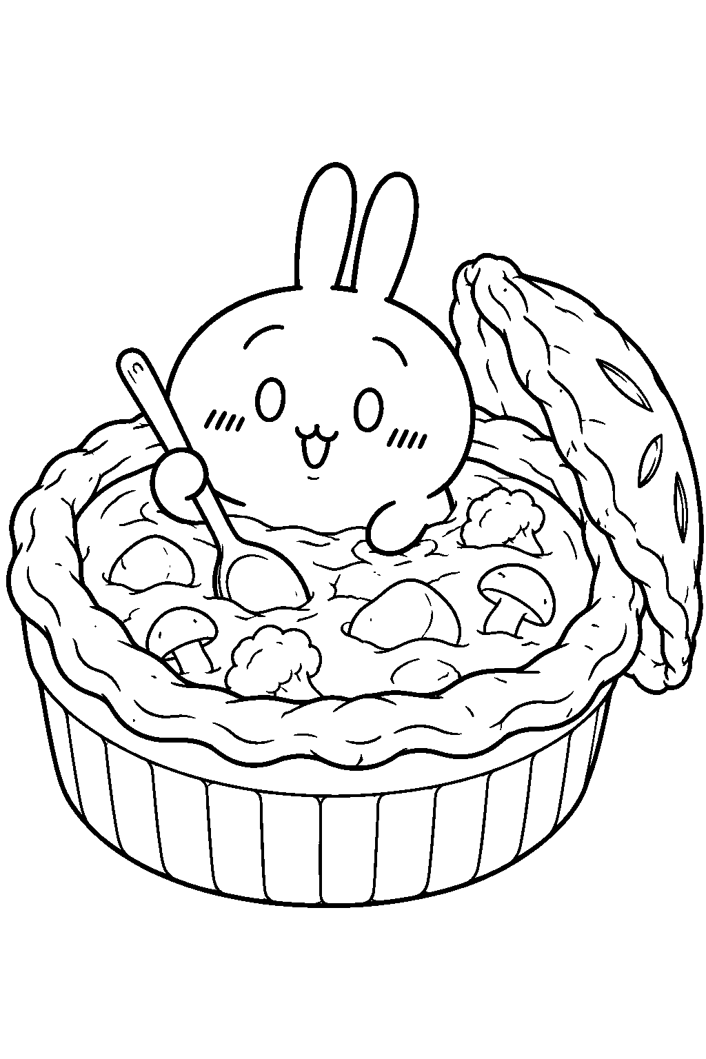 chiikawa usagi swimming in a giant pot pie line art