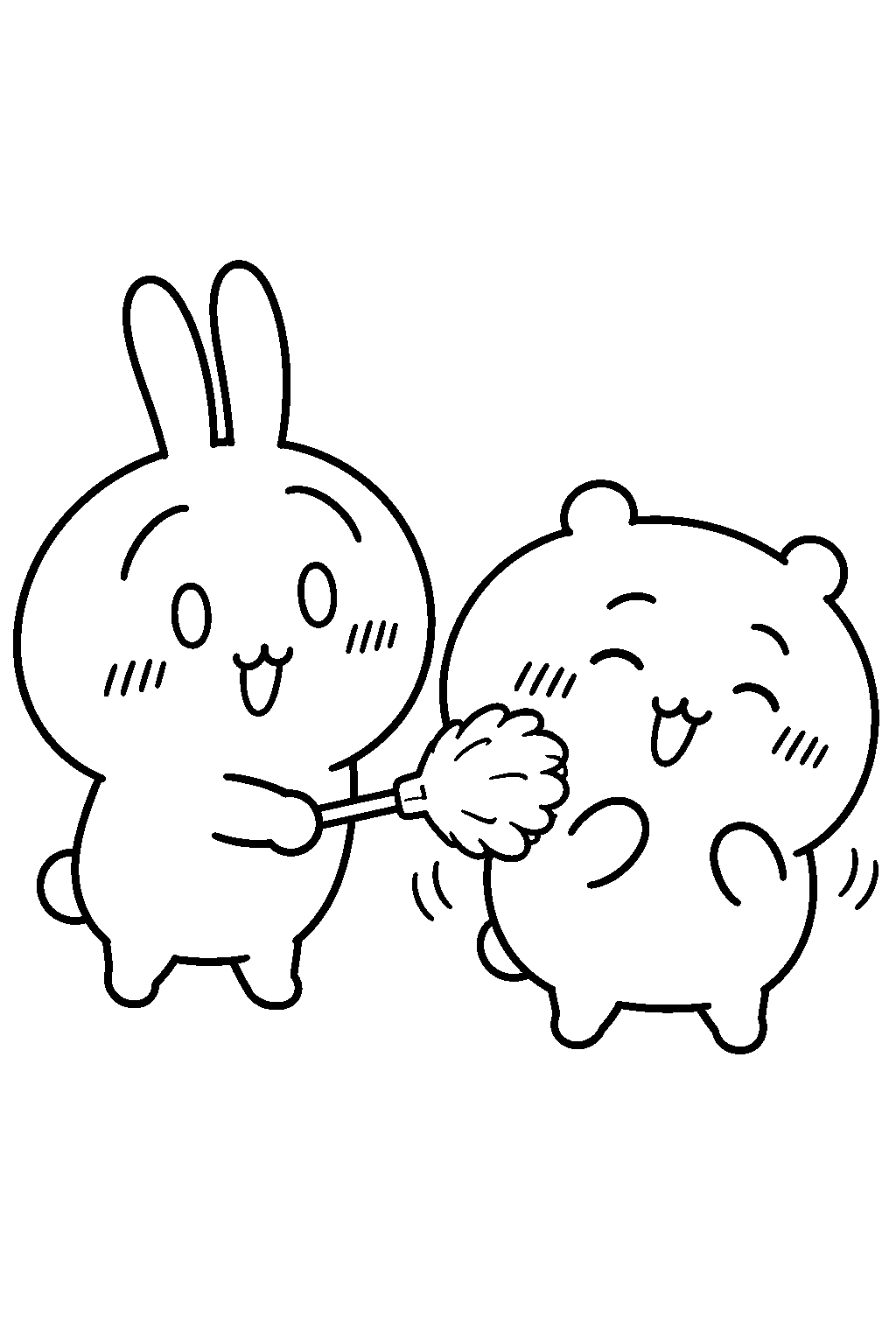 chiikawa usagi tickling chiikawa with a feather duster line art
