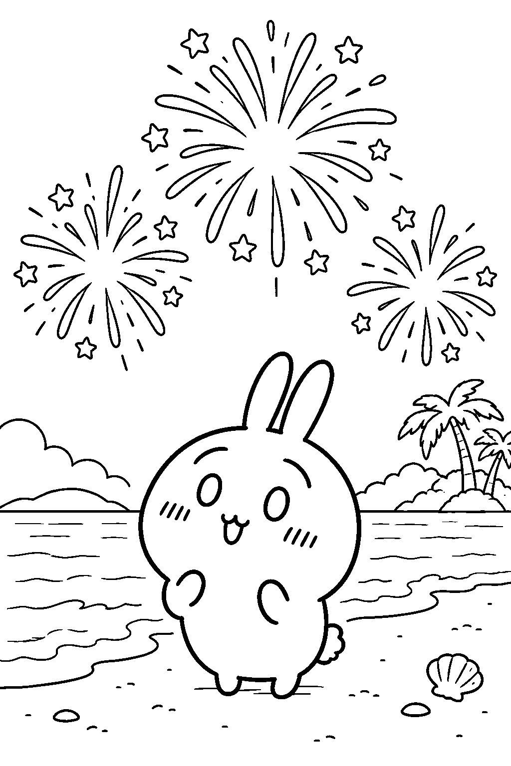 chiikawa usagi watching fireworks on the island beach line art