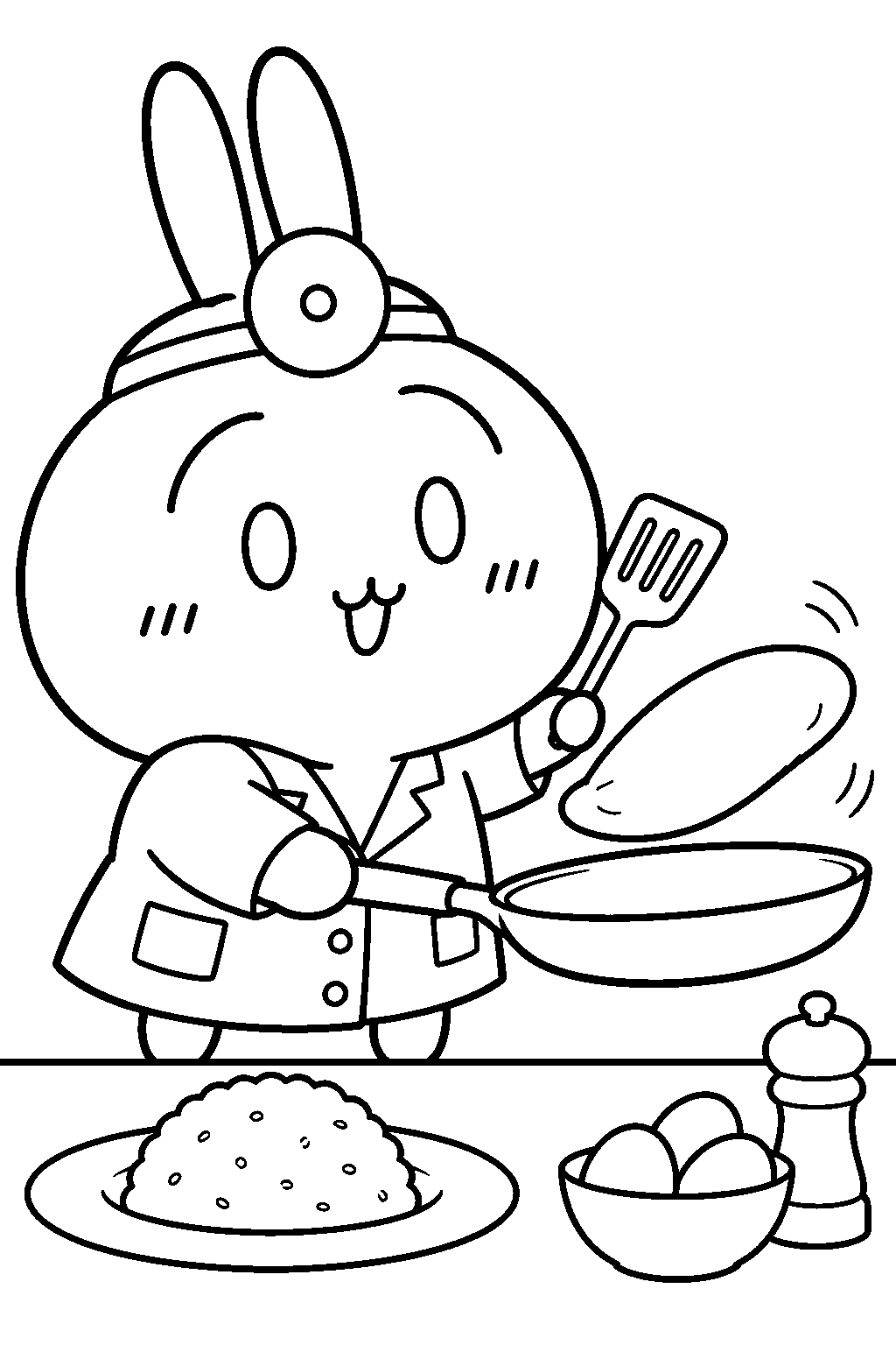 chiikawa usagi wearing a doctor costume while flipping omurice line art