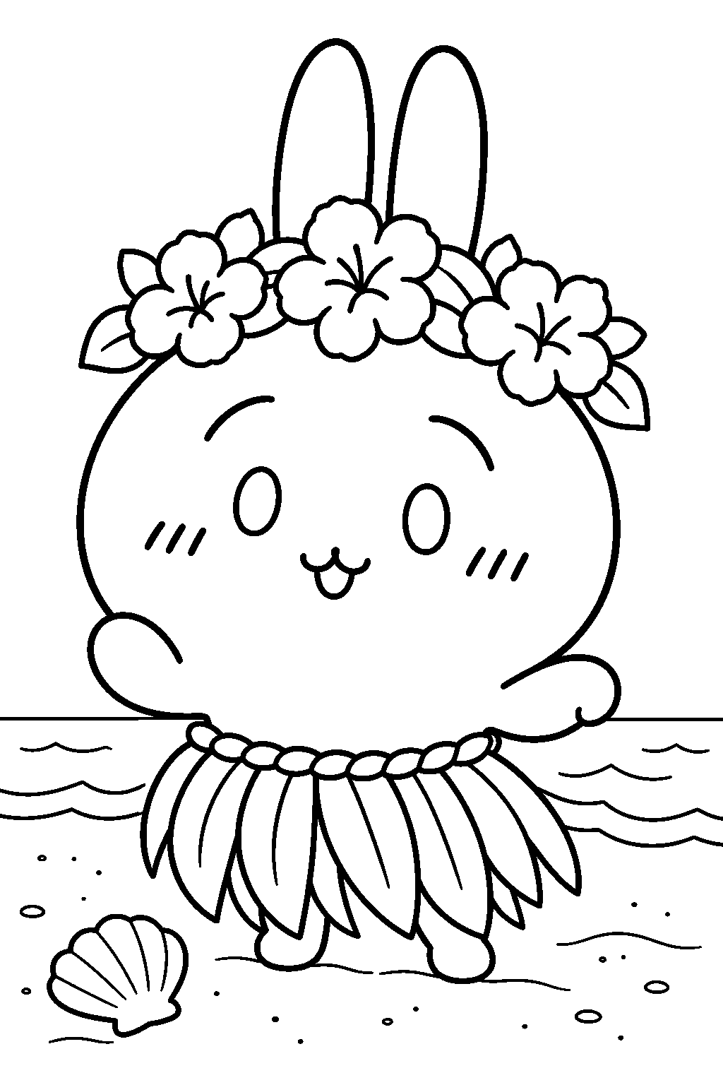 chiikawa usagi wearing a flower crown and grass skirt on the beach line art