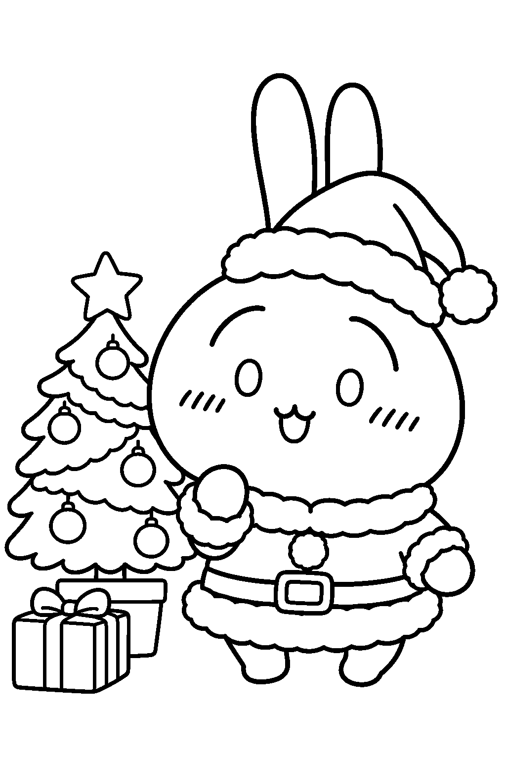 chiikawa usagi wearing a santa outfit beside a christmas tree line art