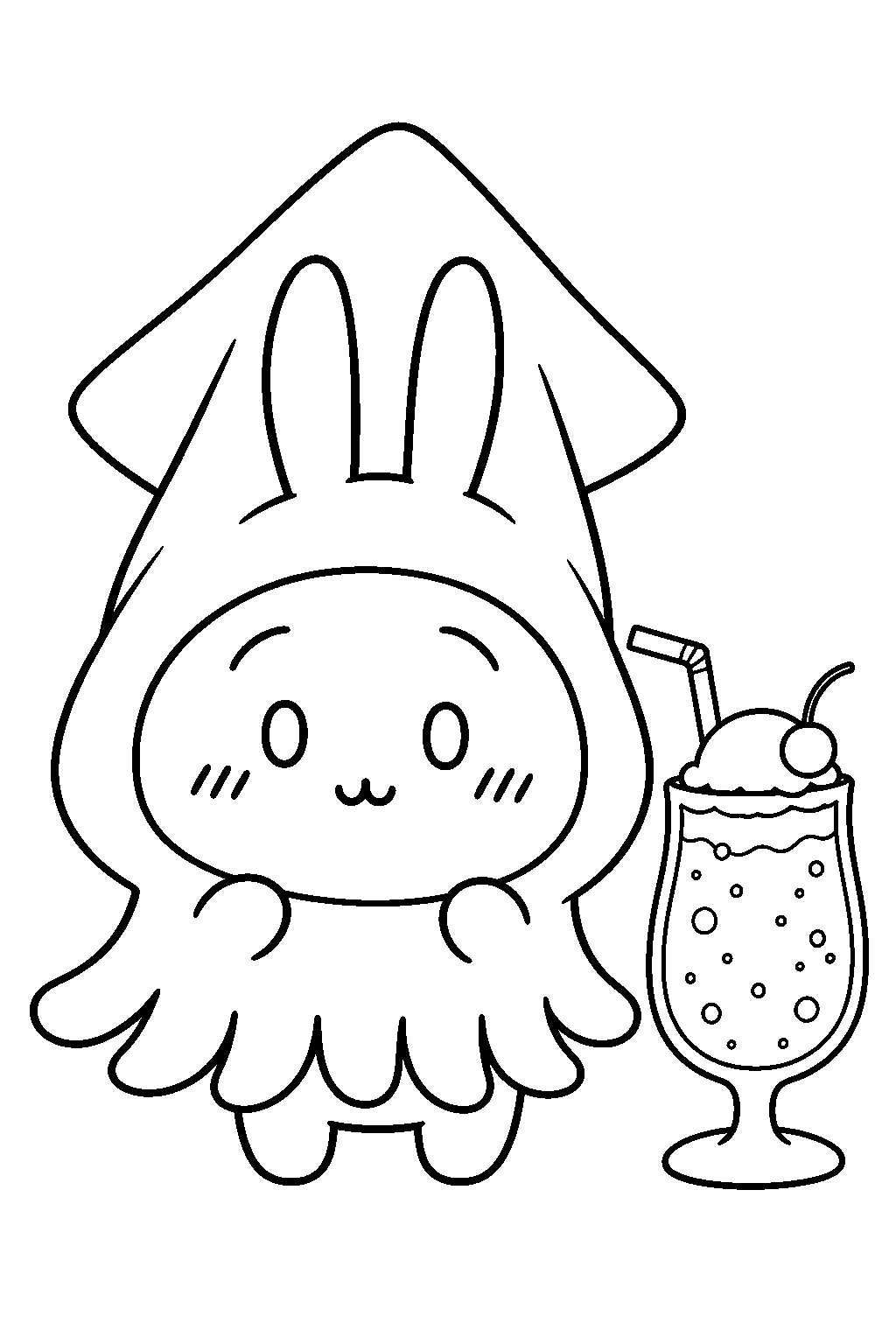 chiikawa usagi wearing a squid costume beside melon soda line art
