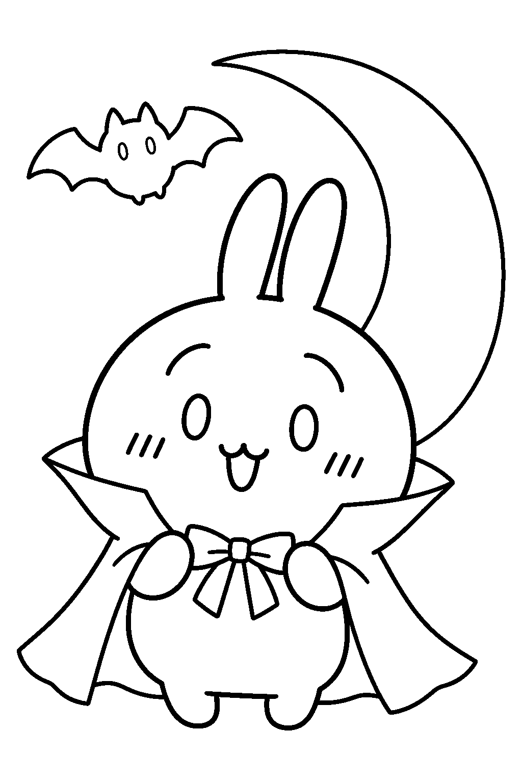 chiikawa usagi wearing a vampire cape beside a halloween moon line art