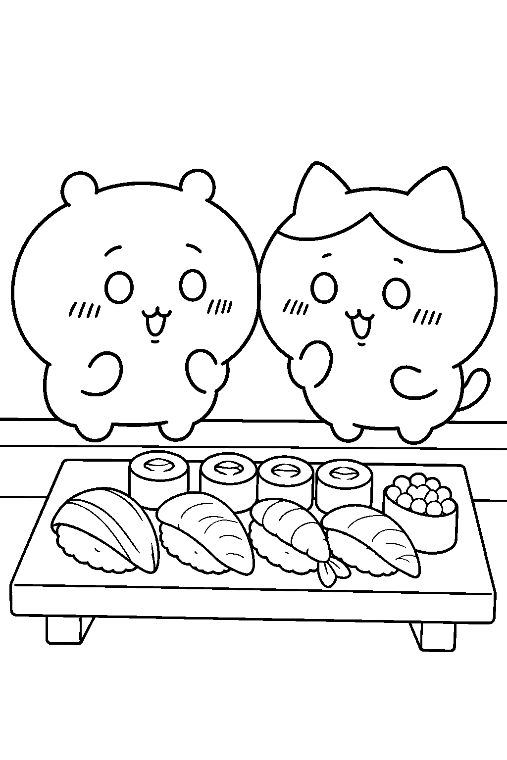 chiikawa and hachiware choosing sushi at a sushi counter line art