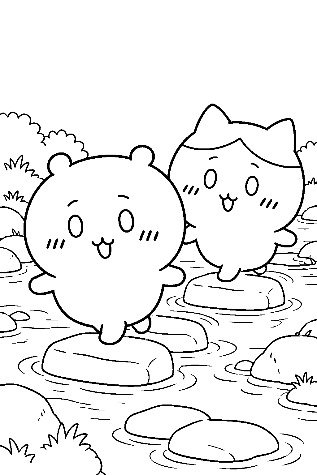 chiikawa and hachiware crossing stepping stones over a stream line art