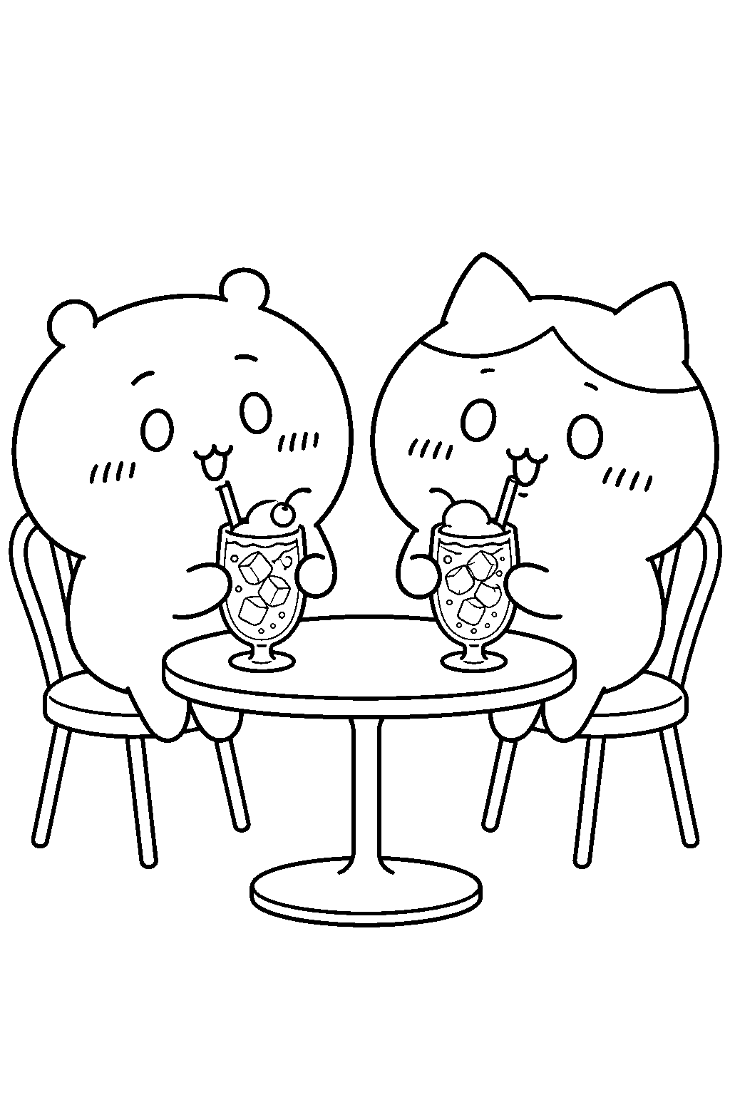 chiikawa and hachiware drinking melon soda at a cafe line art