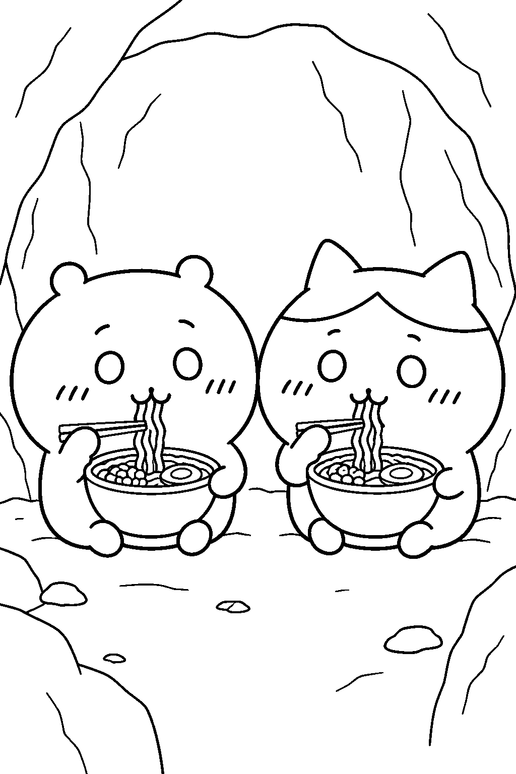 chiikawa and hachiware eating ramen inside hachiware s cave line art