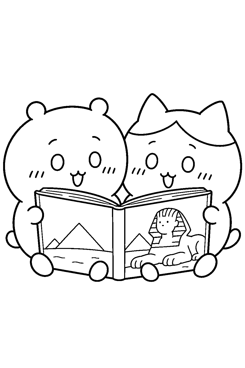 chiikawa and hachiware reading a book about the sphinx line art