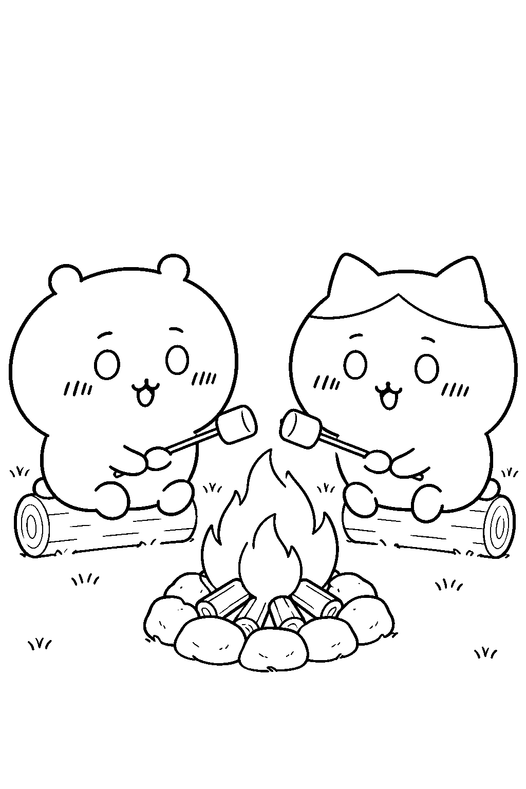 chiikawa and hachiware roasting marshmallows over a campfire line art