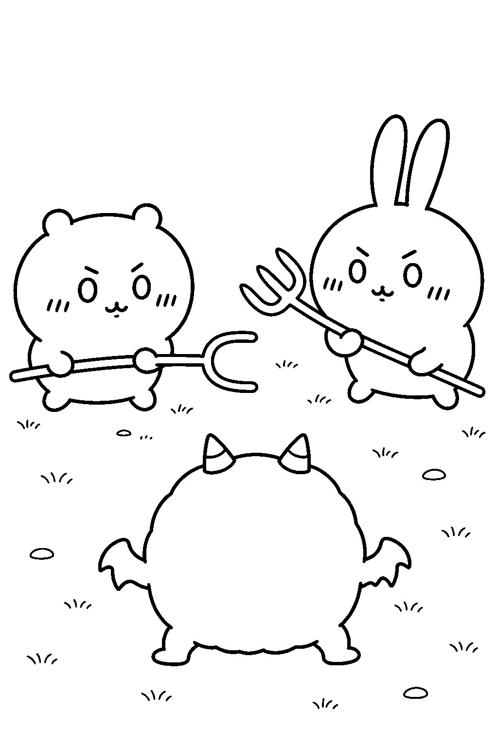 chiikawa and usagi facing a small monster with their sasumata poles line art