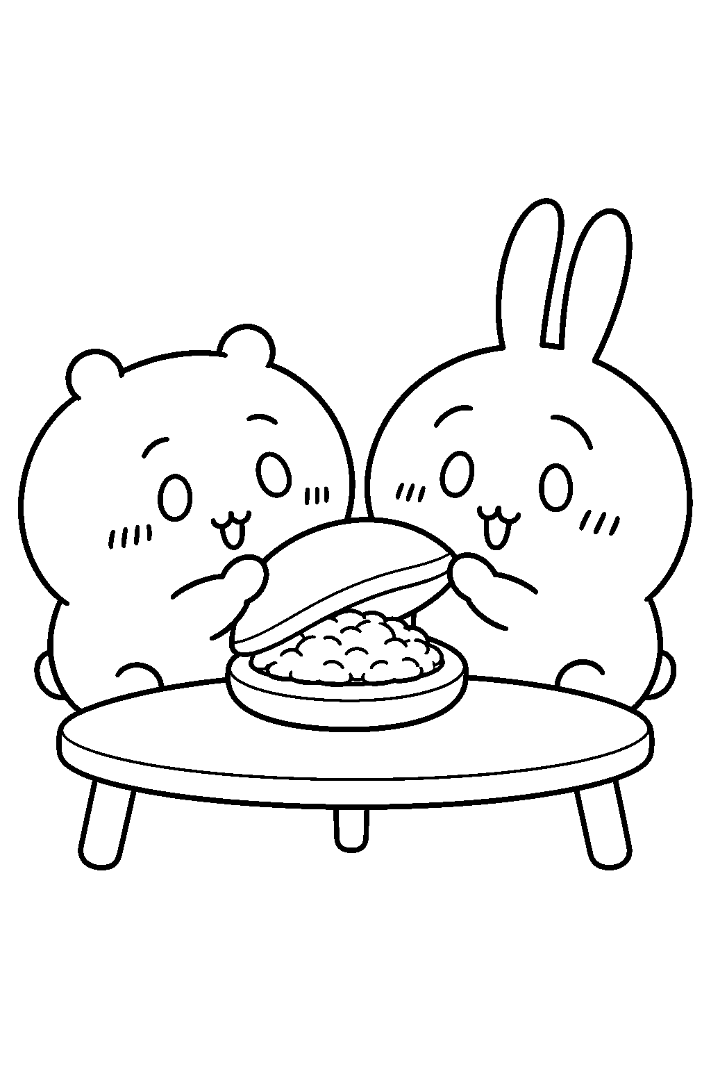 chiikawa and usagi opening a red bean dorayaki line art