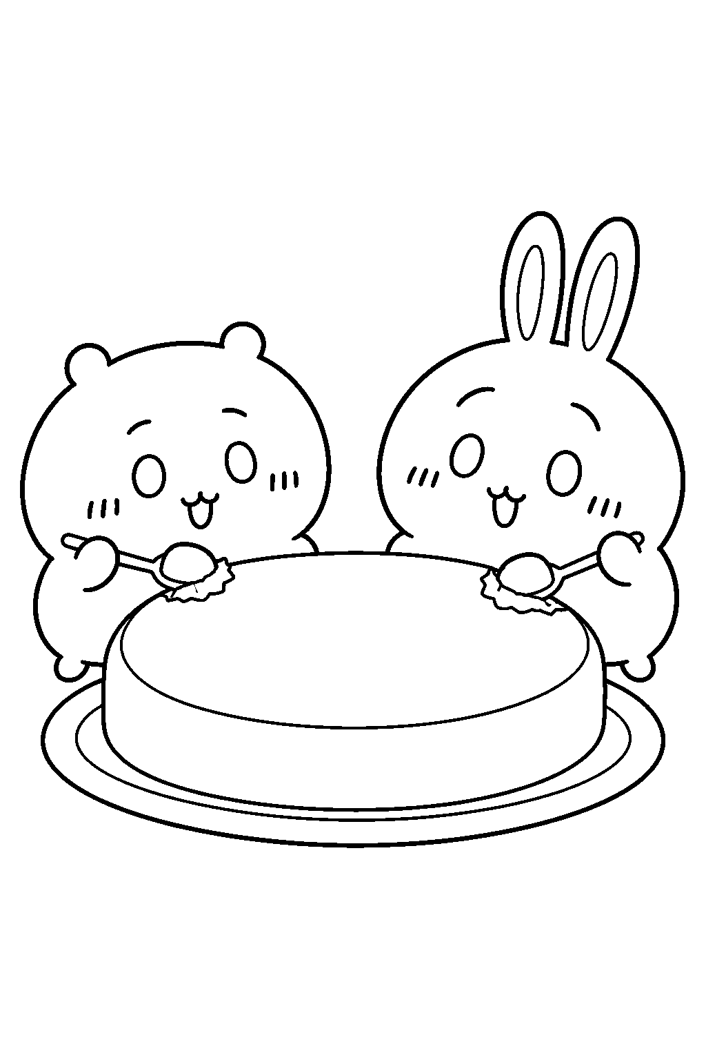chiikawa and usagi sharing a giant pancake line art