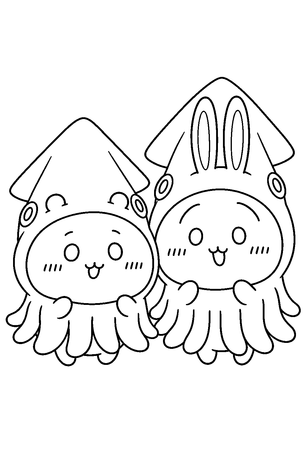 chiikawa and usagi wearing squid costumes line art
