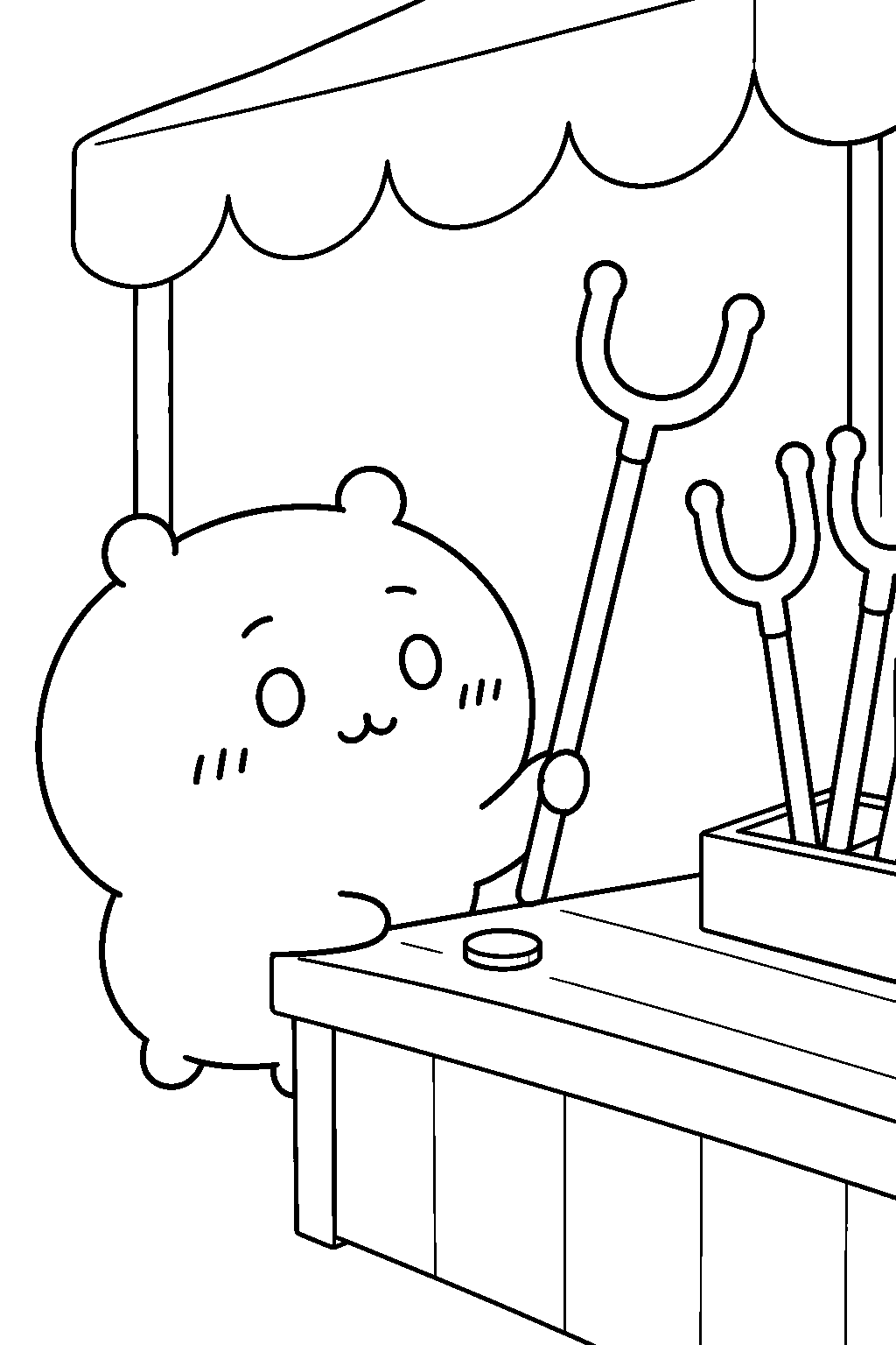 chiikawa buying a forked sasumata at a market stall line art