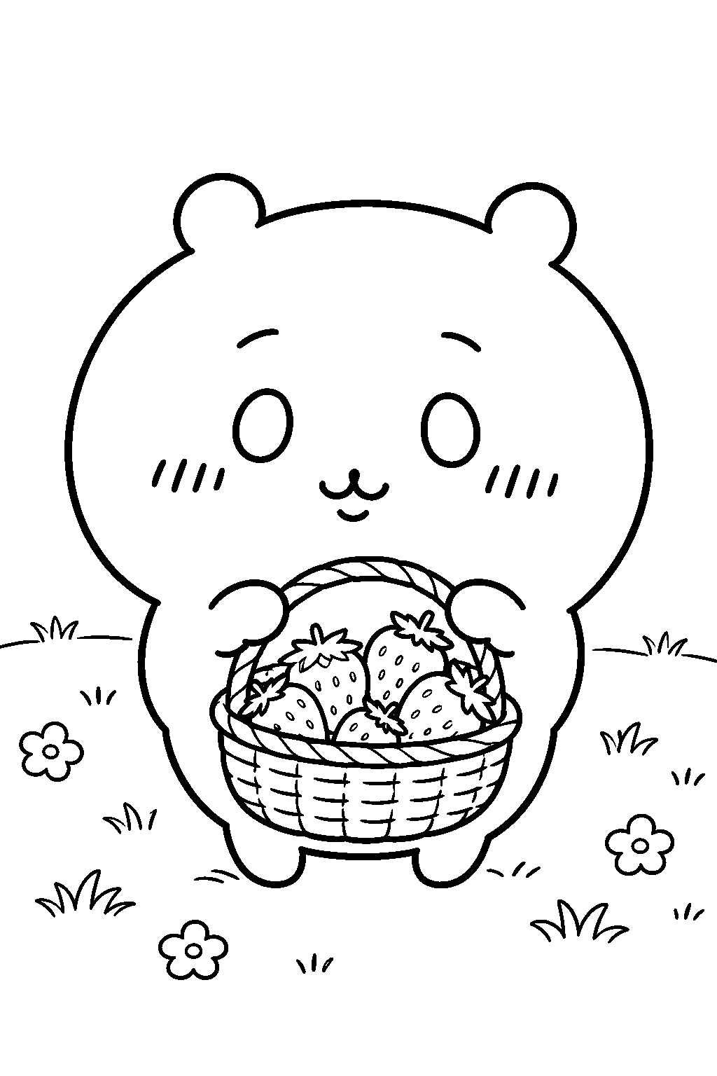 chiikawa carrying a basket of strawberries through a meadow line art