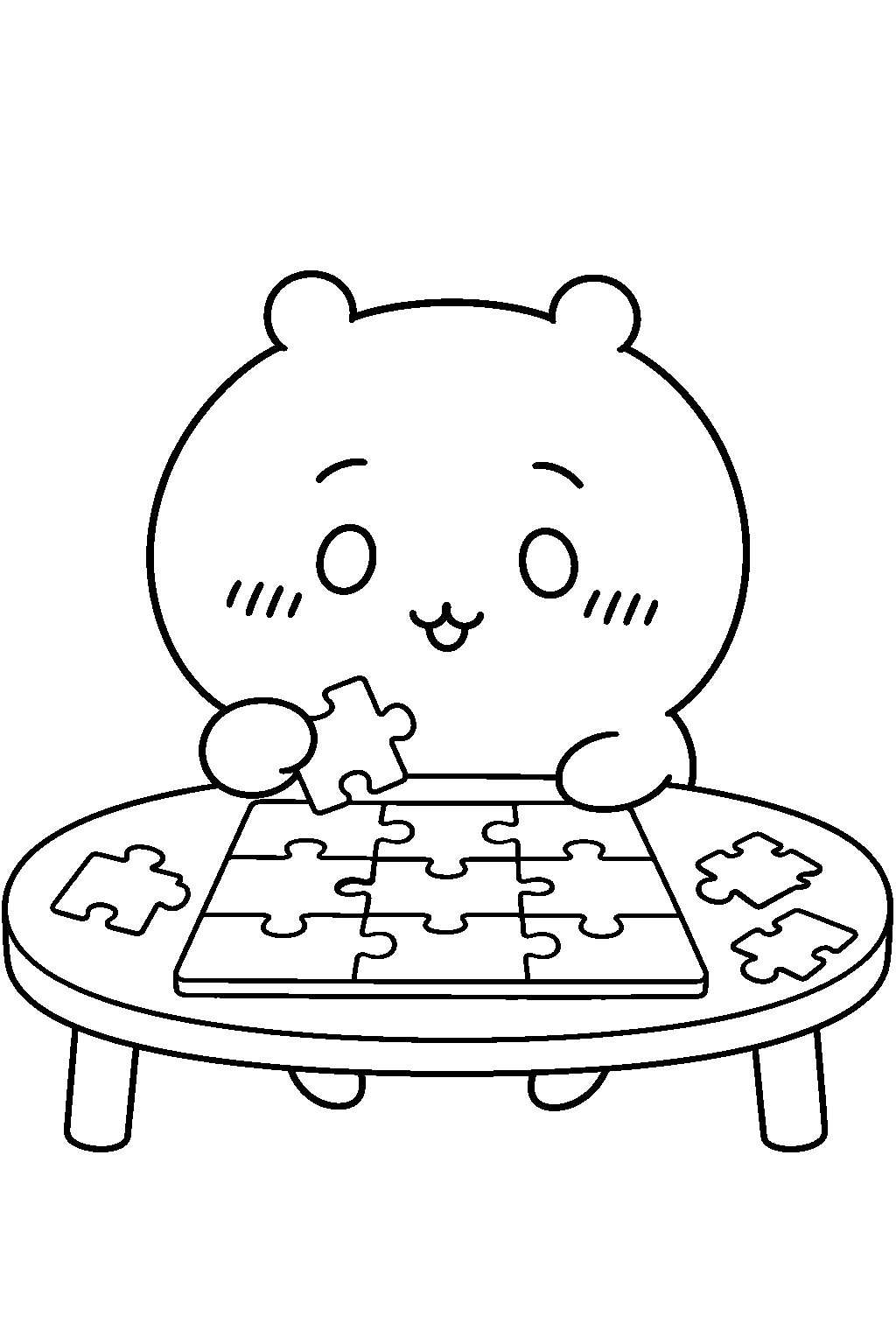 chiikawa completing a jigsaw puzzle at home line art