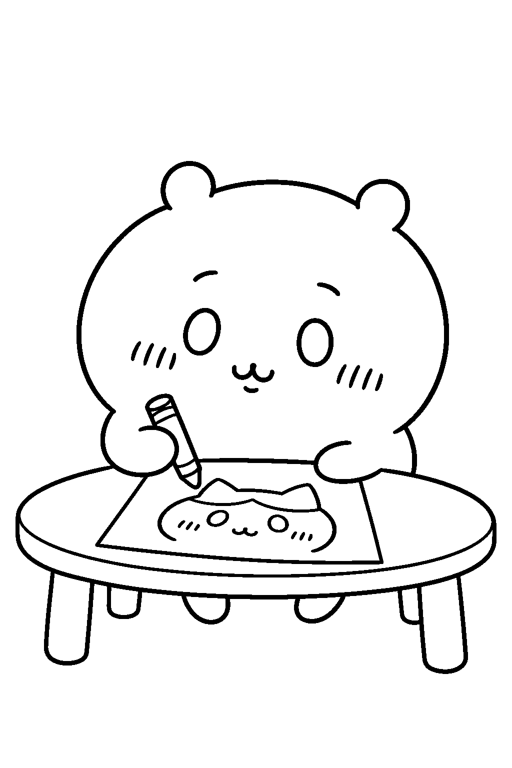 chiikawa drawing hachiware on a sheet of paper line art