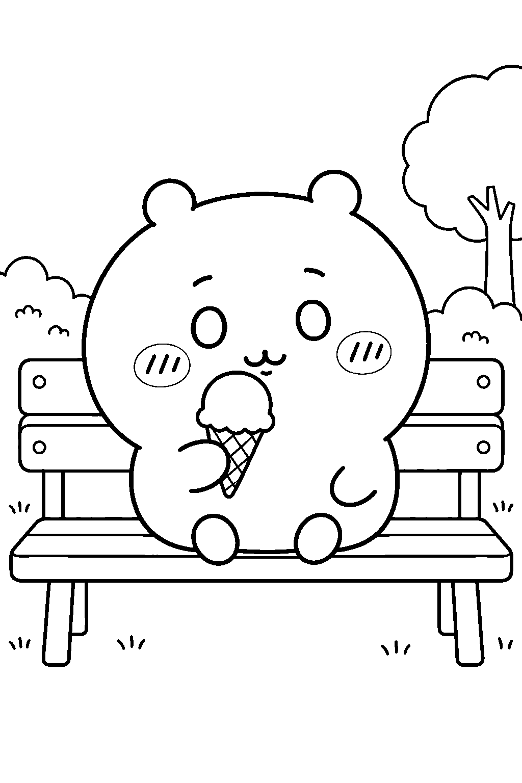 chiikawa eating an ice cream cone on a park bench line art