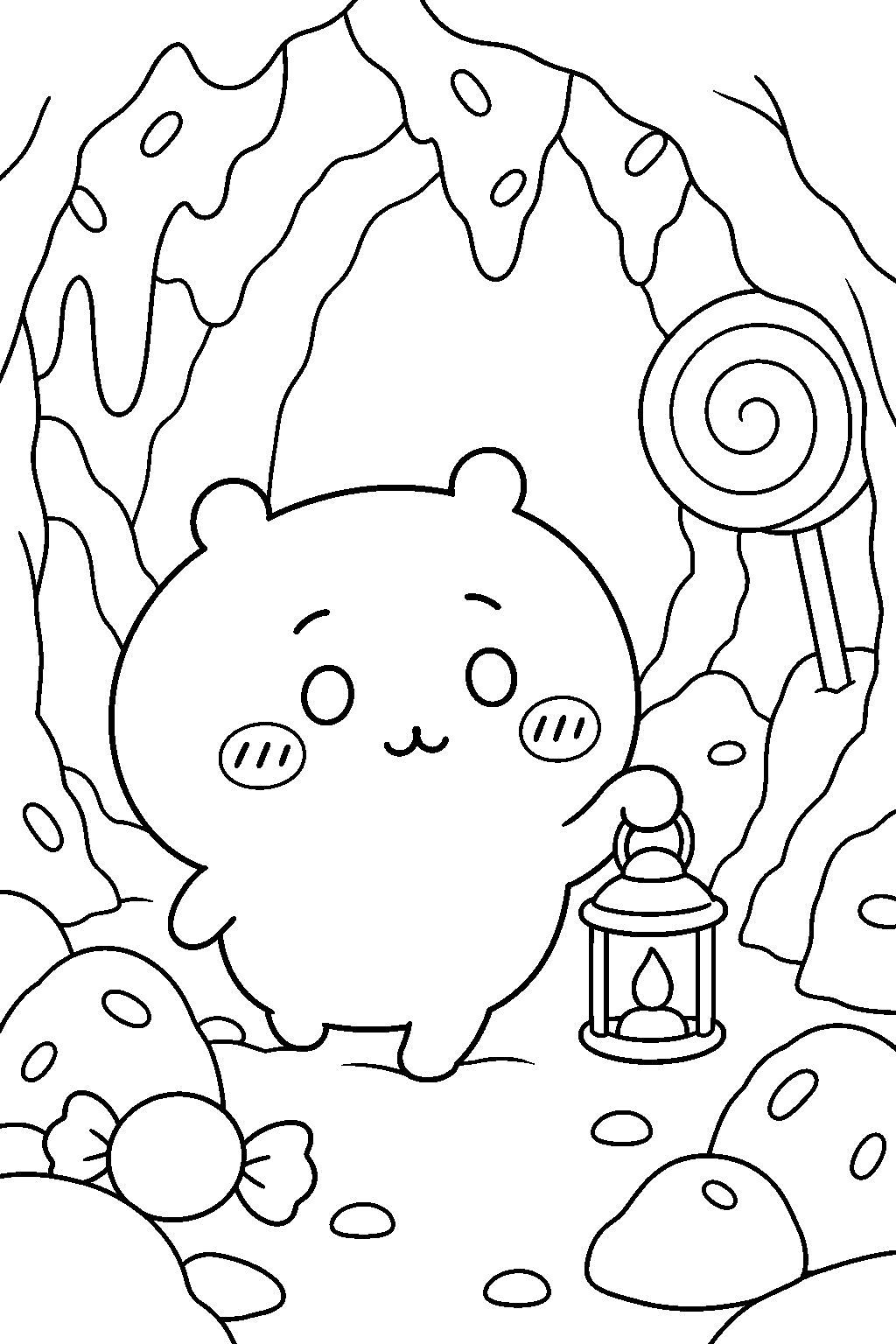 chiikawa exploring a candy cave with a lantern line art