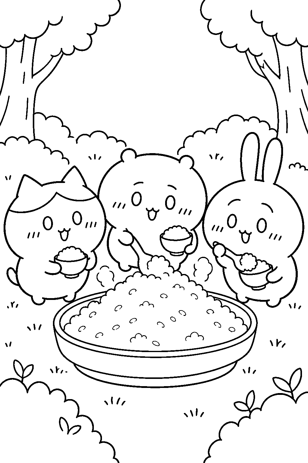 chiikawa hachiware and usagi collecting steamed rice in the forest line art