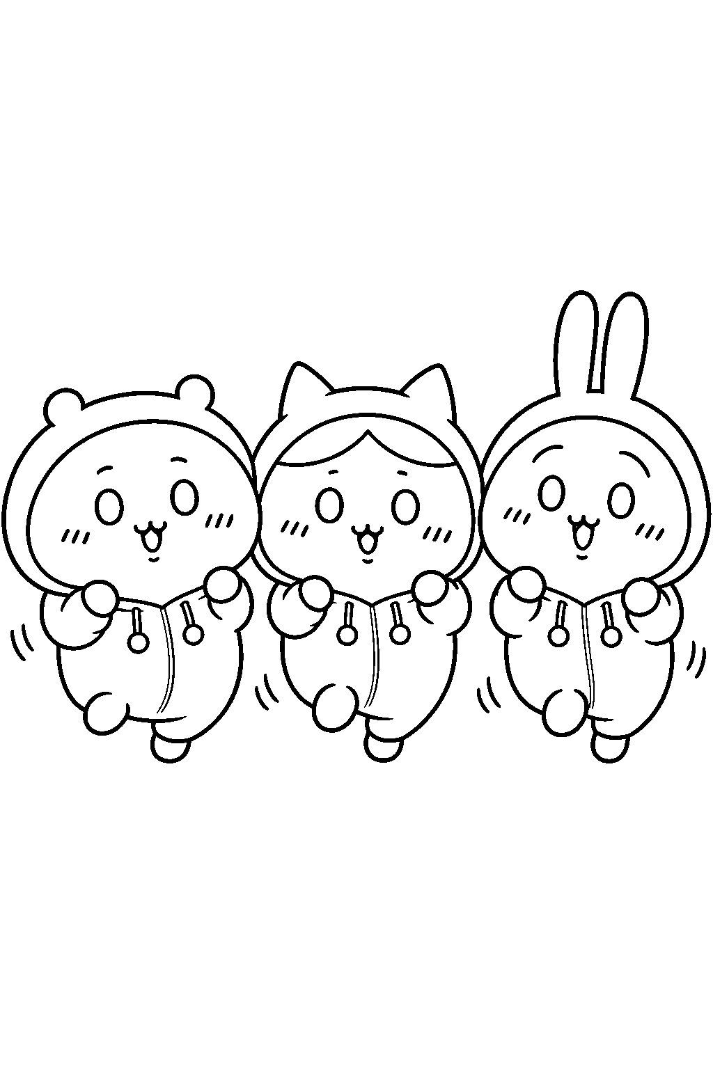 chiikawa hachiware and usagi dancing in matching hooded pajamas line art