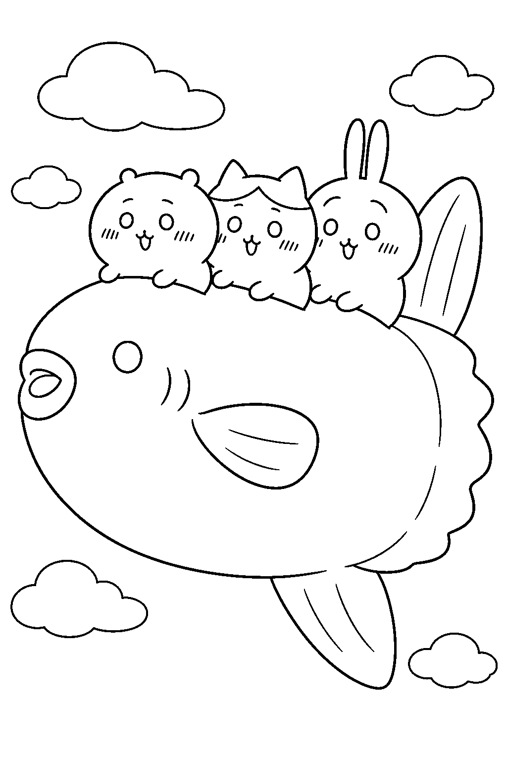 chiikawa hachiware and usagi riding a flying sunfish line art