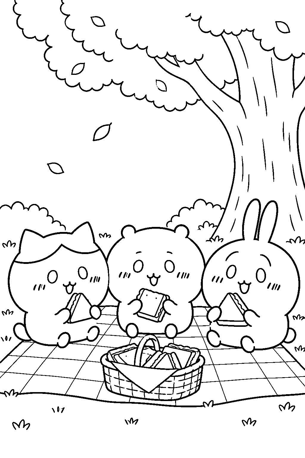 chiikawa hachiware and usagi sharing a picnic under a tree line art