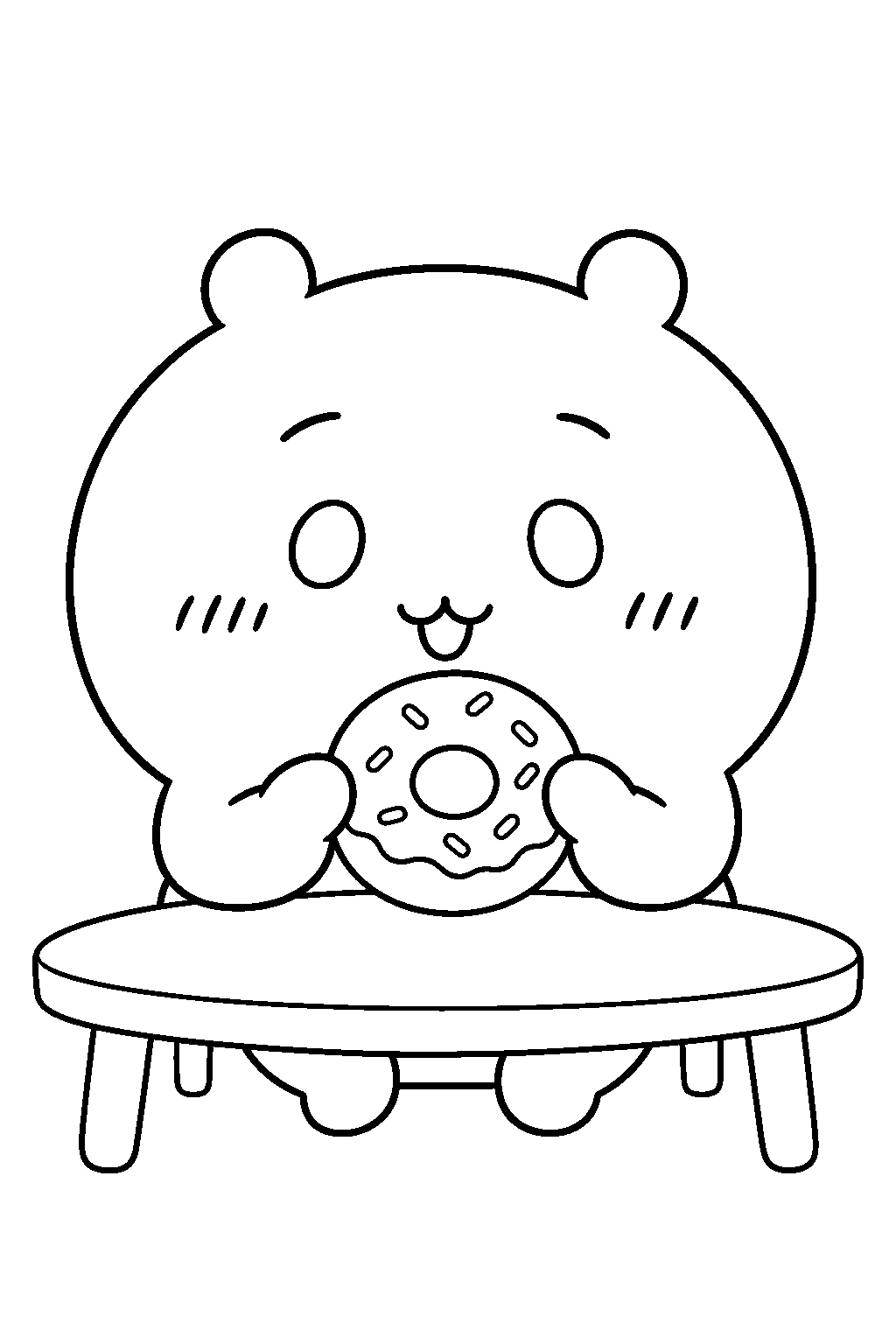 chiikawa holding a donut at a snack table line art