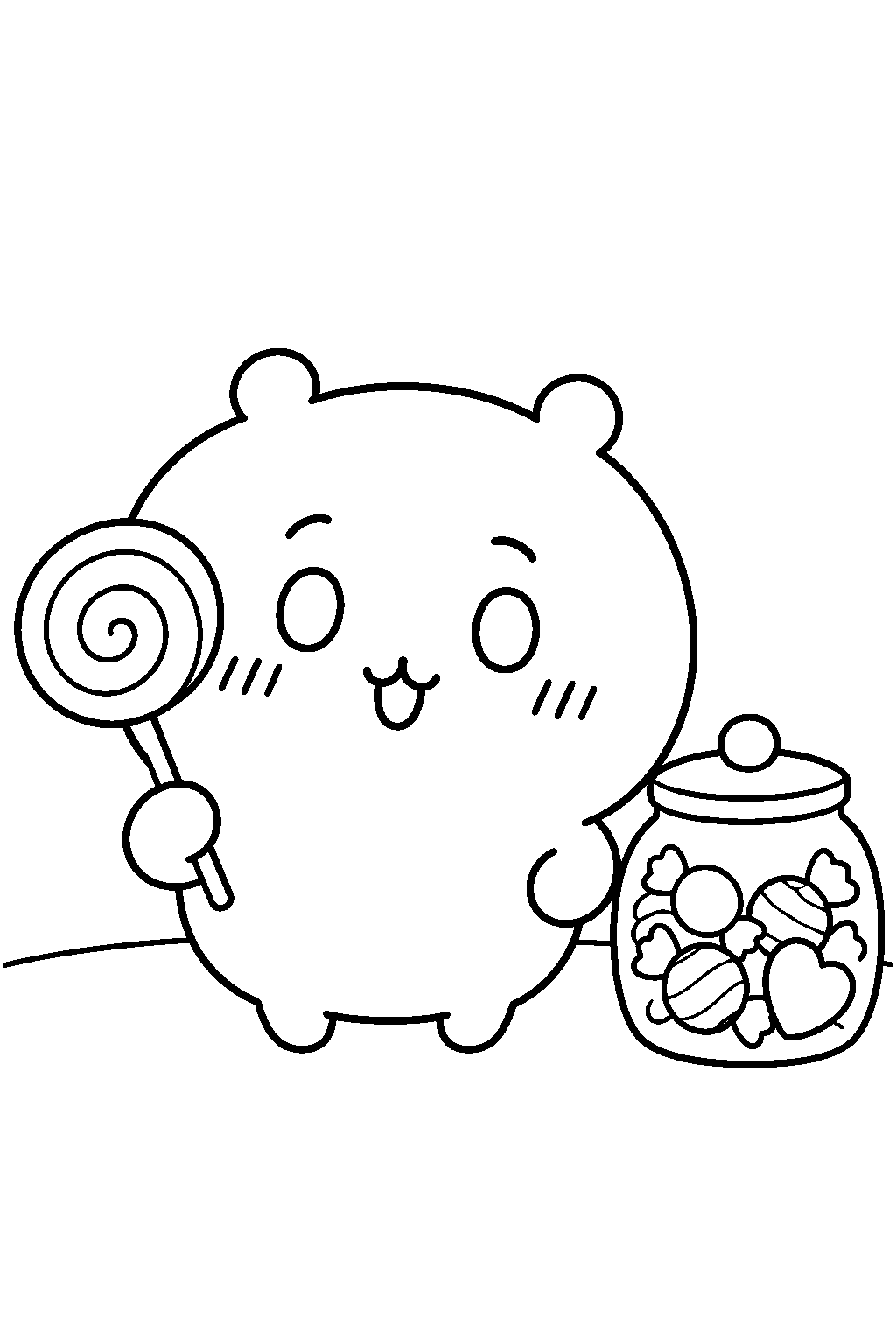 chiikawa holding a lollipop beside a candy jar line art