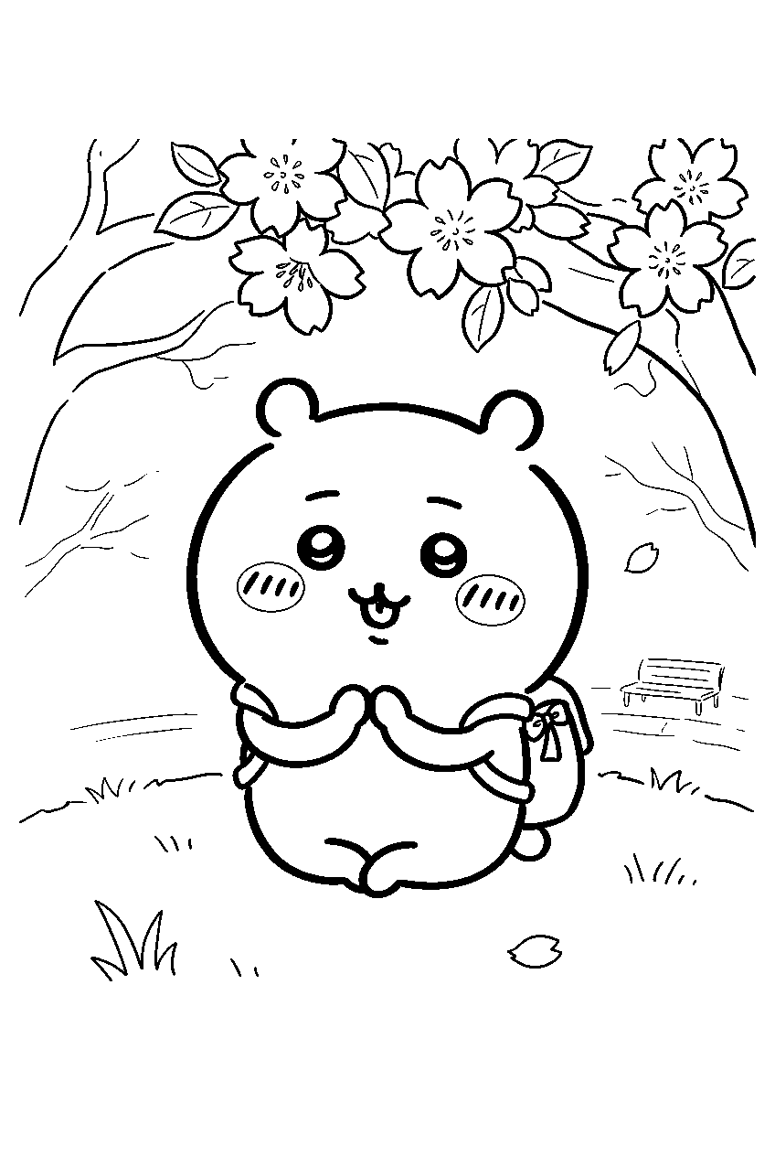 chiikawa in cherry blossom park line art