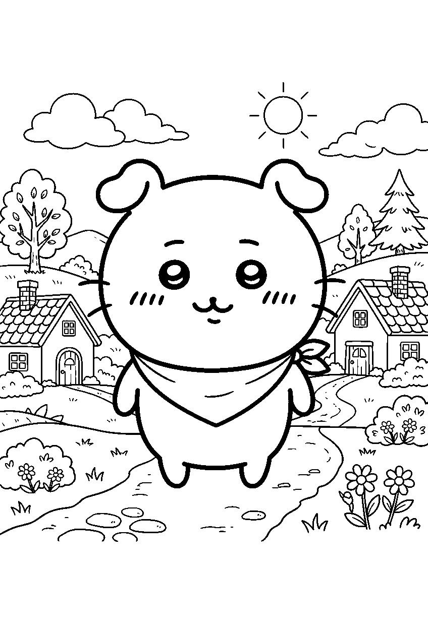 chiikawa in countryside village line art