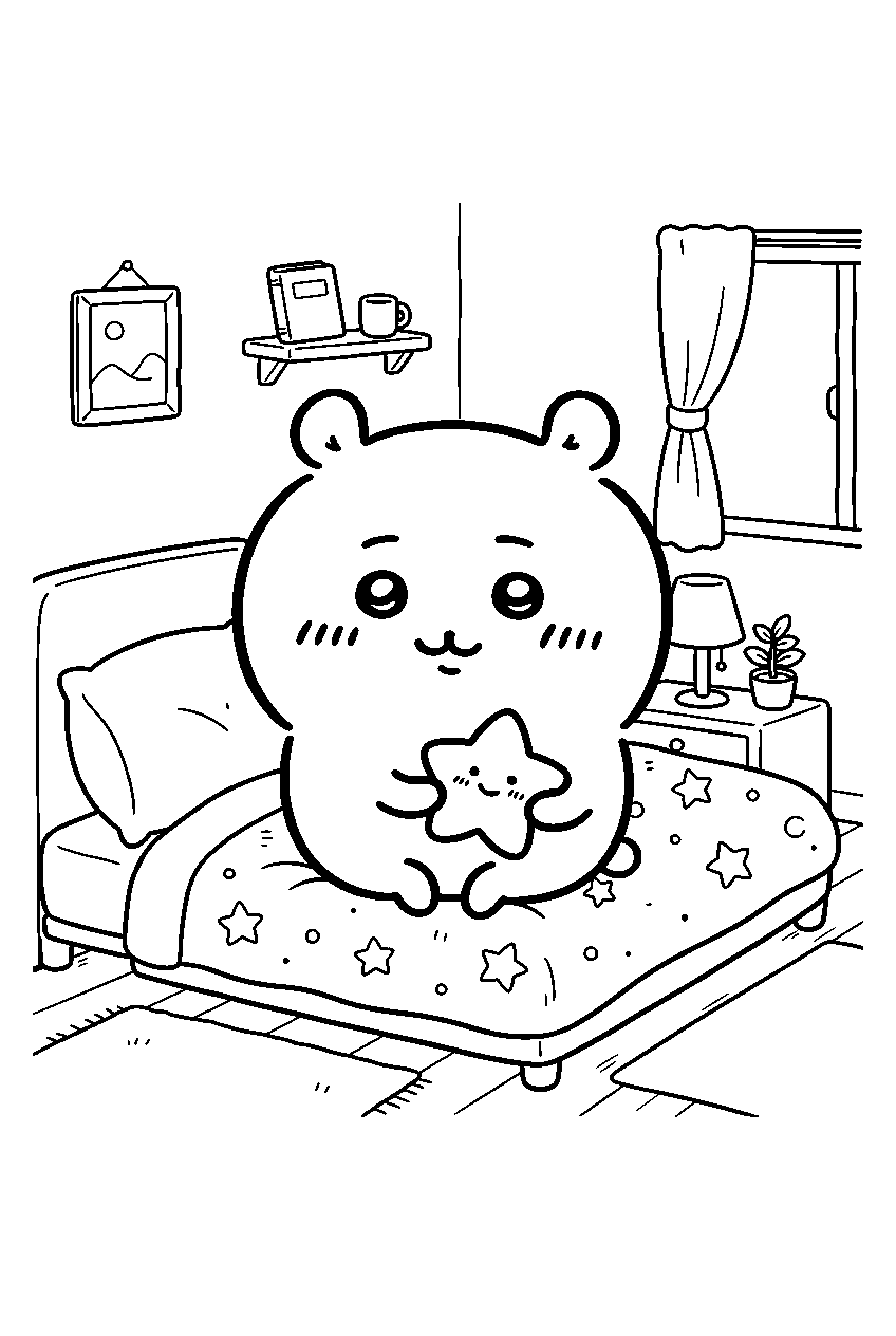 chiikawa in cozy bedroom line art