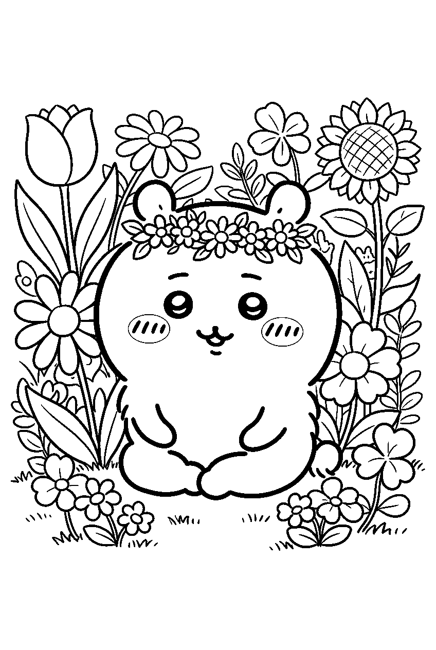 chiikawa in flower garden line art