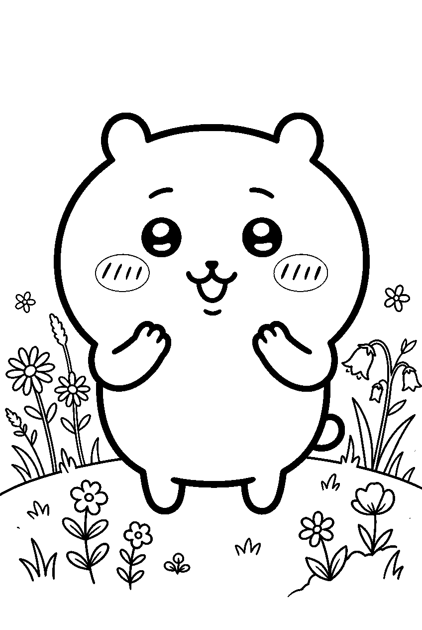 chiikawa in flower meadow line art