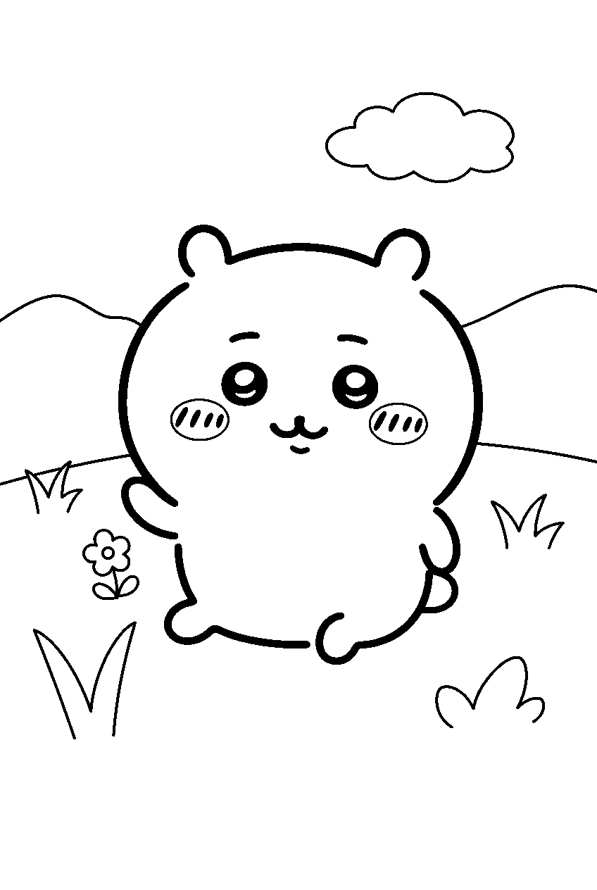 chiikawa in hillside meadow line art
