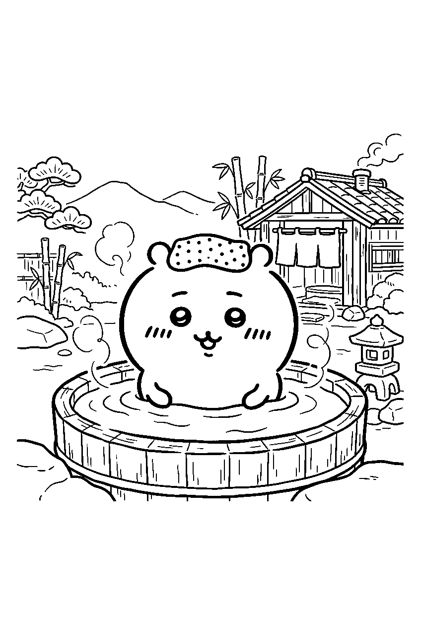 chiikawa in hot spring village line art