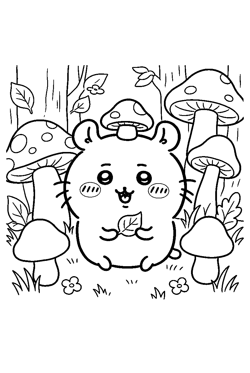 chiikawa in mushroom forest line art