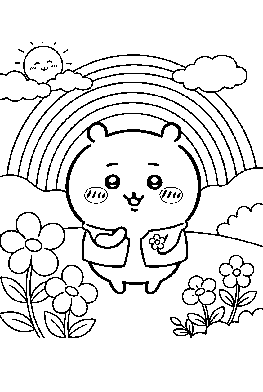 chiikawa in rainbow meadow line art