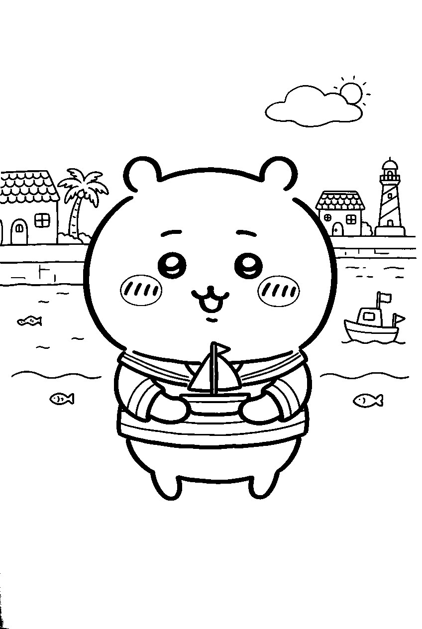 chiikawa in seaside village line art