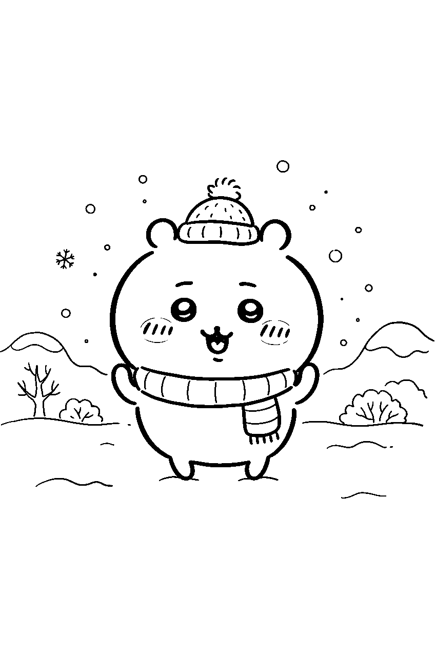 chiikawa in snowy field line art