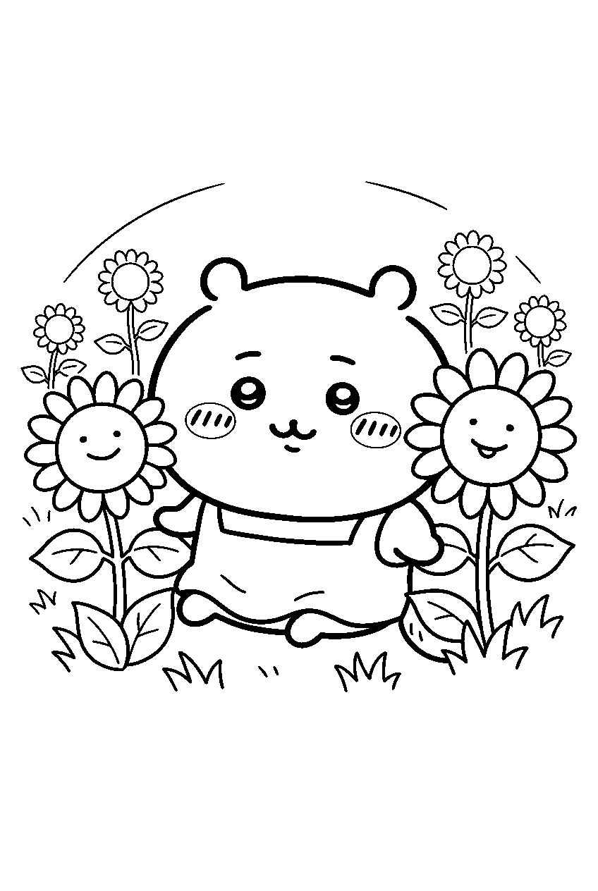 chiikawa in sunflower field line art
